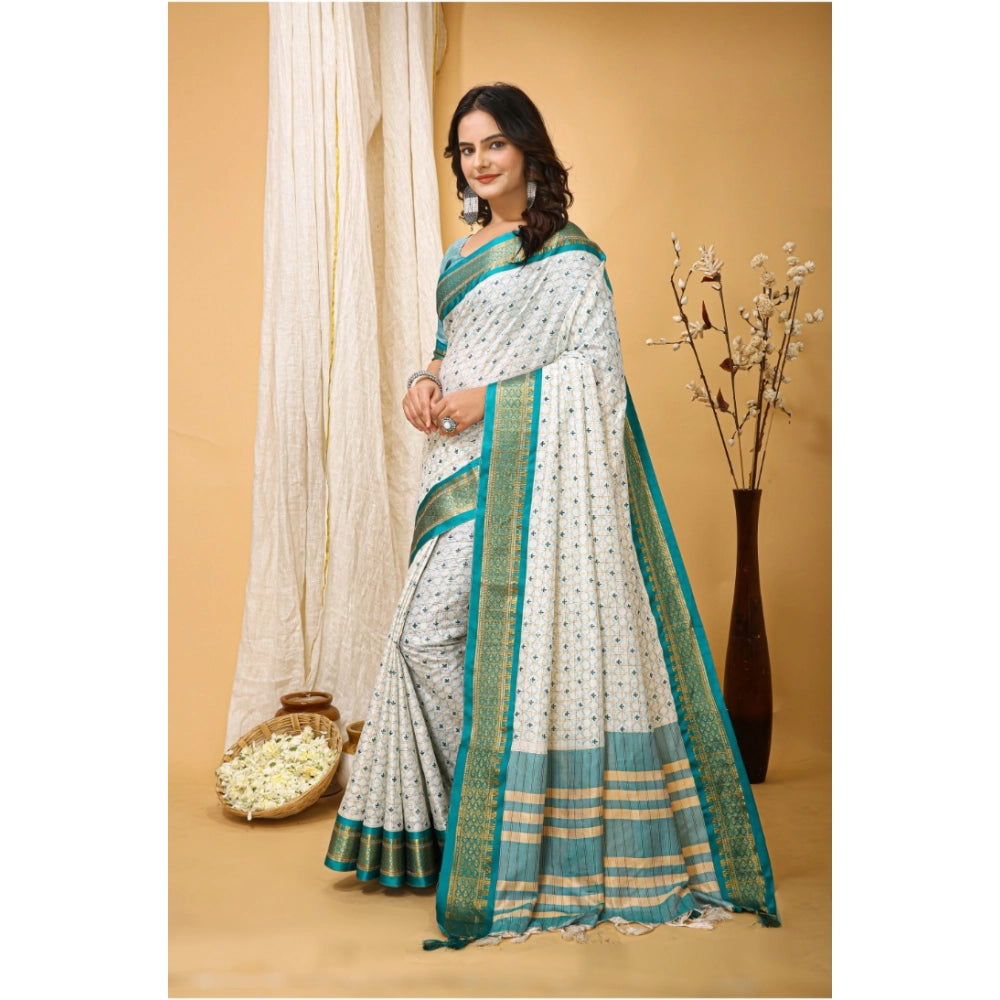 Snuggle Spot Women's Soft Cotton Silk Printed Saree With Unstitched Blouse 5.5Mtr (Rama Green)