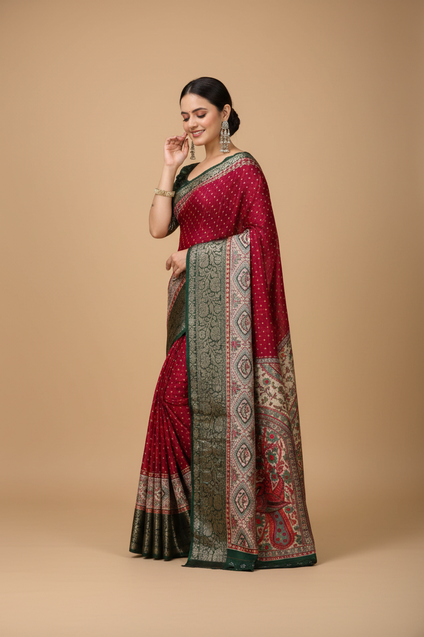 Snuggle Spot Women's Soft Dola Cotton Kalamkari Printed Saree With Unstitched Blouse 5.5Mtr (Maroon)