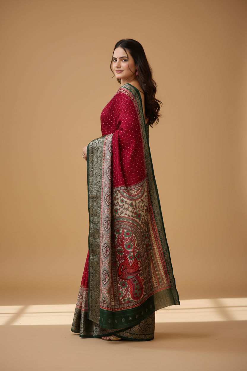 Snuggle Spot Women's Soft Dola Cotton Kalamkari Printed Saree With Unstitched Blouse 5.5Mtr (Maroon)
