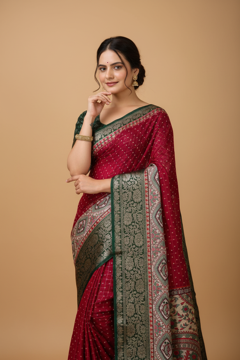 Snuggle Spot Women's Soft Dola Cotton Kalamkari Printed Saree With Unstitched Blouse 5.5Mtr (Maroon)
