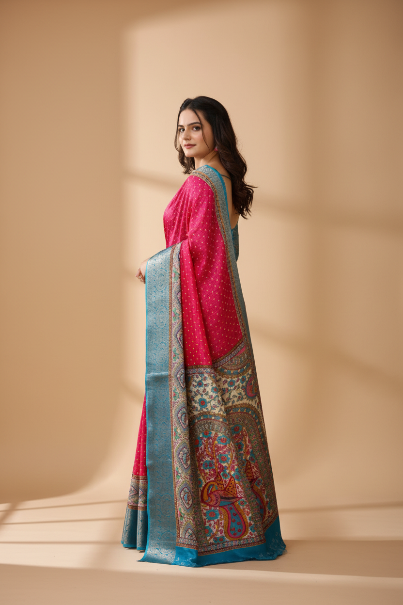 Snuggle Spot Women's Soft Dola Cotton Kalamkari Printed Saree With Unstitched Blouse 5.5Mtr (Pink)