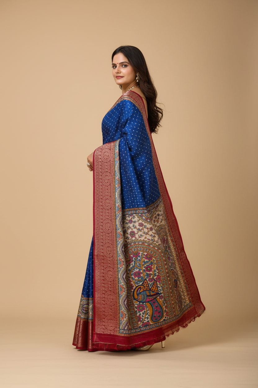 Snuggle Spot Women's Soft Dola Cotton Kalamkari Printed Saree With Unstitched Blouse 5.5Mtr (Blue)
