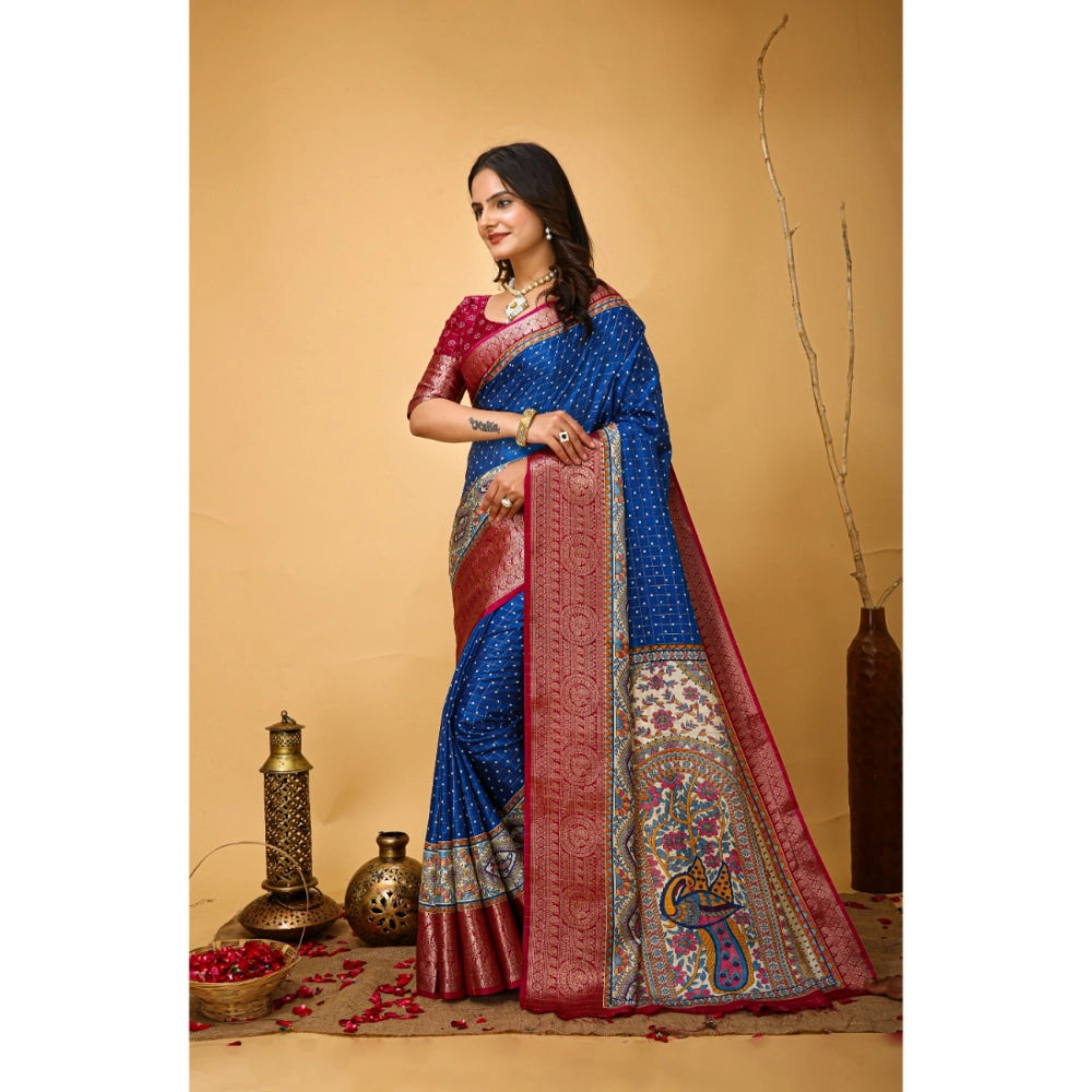 Snuggle Spot Women's Soft Dola Cotton Kalamkari Printed Saree With Unstitched Blouse 5.5Mtr (Blue)