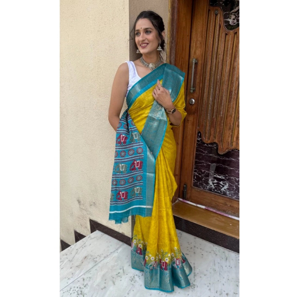 Snuggle Spot Women's Soft Dola Cotton Kalamkari Printed Saree With Unstitched Blouse 5.5Mtr (Mustard)