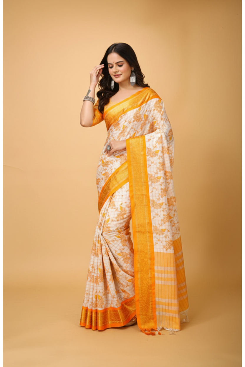 Snuggle Spot Women's Soft Cotton Silk Printed Saree With Unstitched Blouse 5.5Mtr (Yellow)