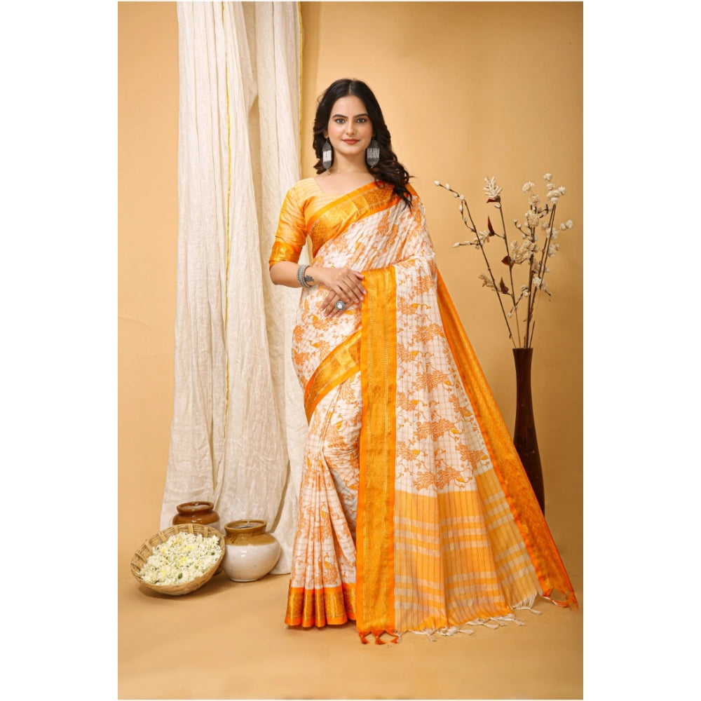 Snuggle Spot Women's Soft Cotton Silk Printed Saree With Unstitched Blouse 5.5Mtr (Yellow)