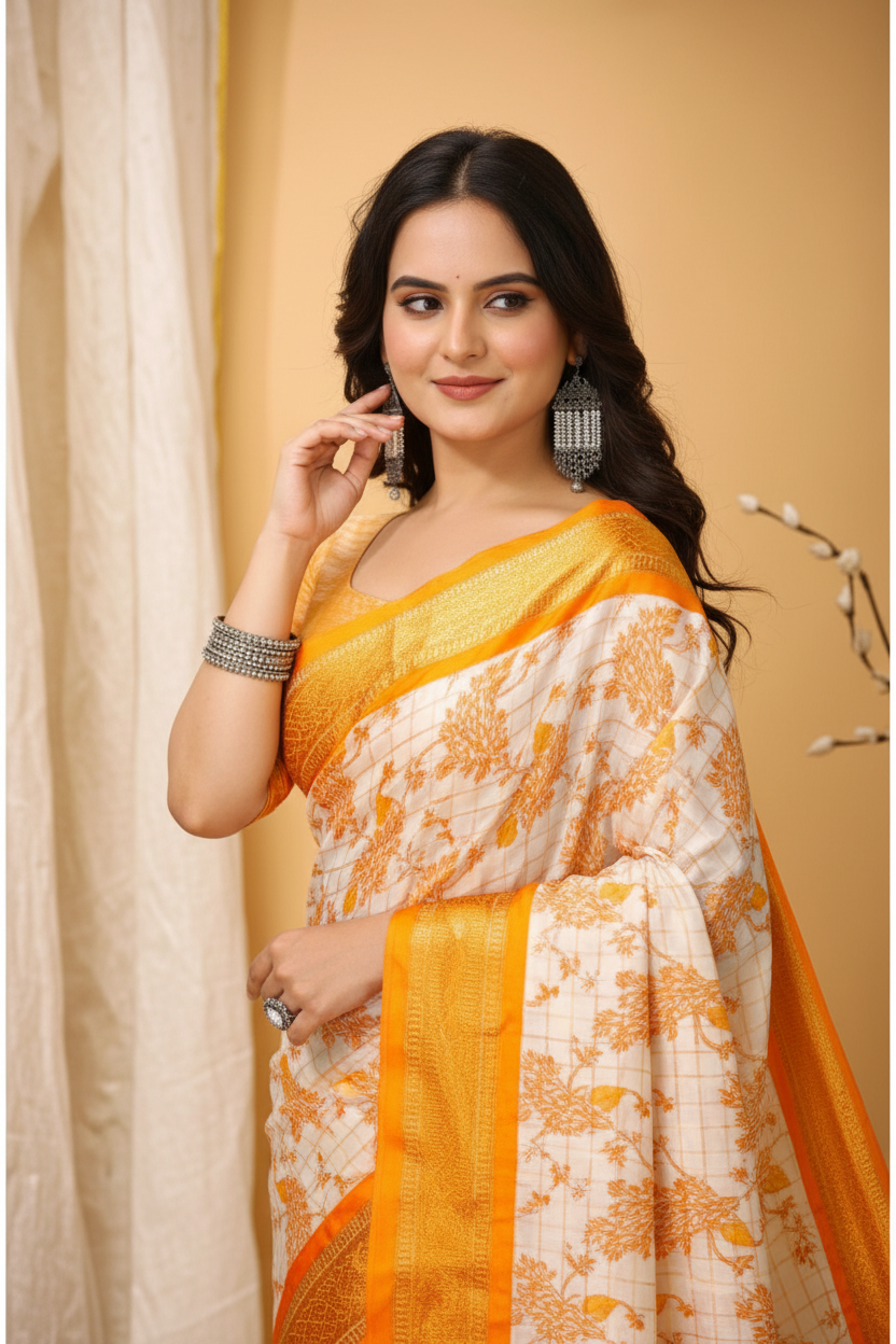 Snuggle Spot Women's Soft Cotton Silk Printed Saree With Unstitched Blouse 5.5Mtr (Yellow)