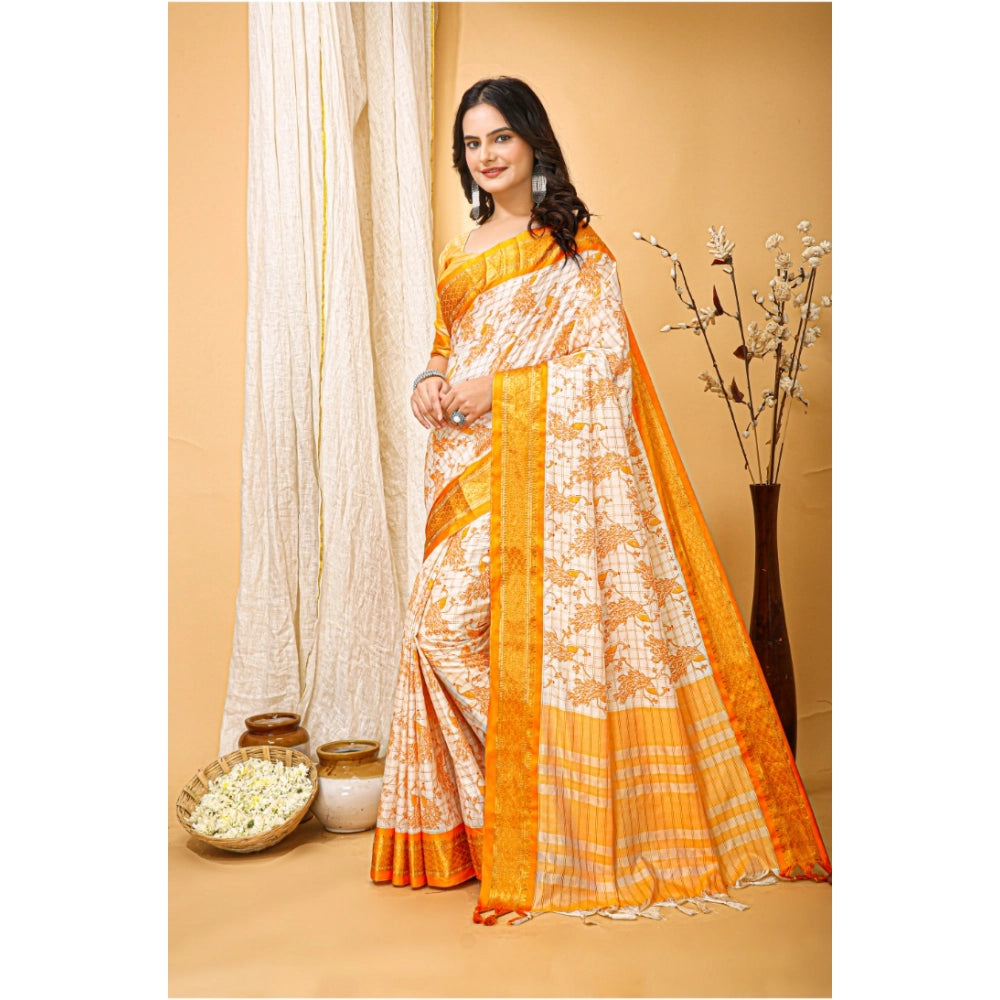 Snuggle Spot Women's Soft Cotton Silk Printed Saree With Unstitched Blouse 5.5Mtr (Yellow)