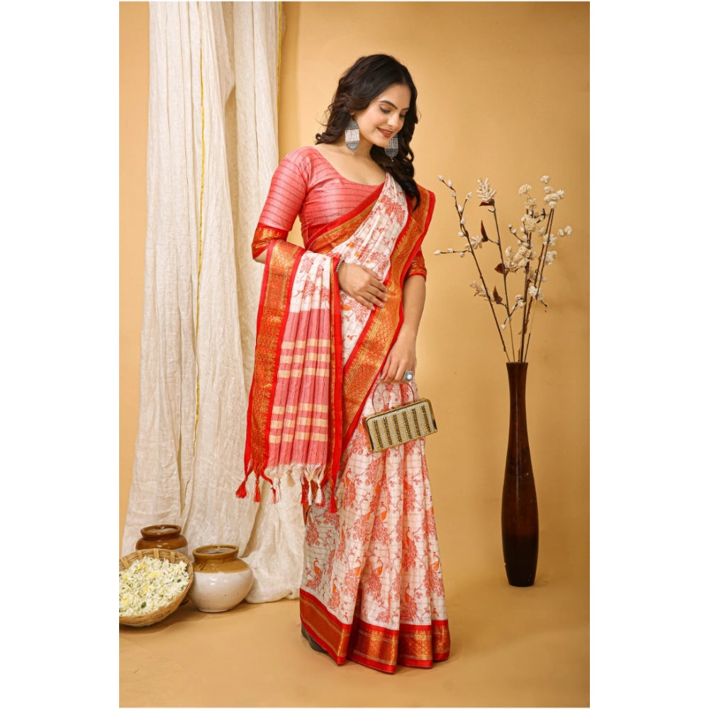 Snuggle Spot Women's Soft Cotton Silk Printed Saree With Unstitched Blouse 5.5Mtr (Red)