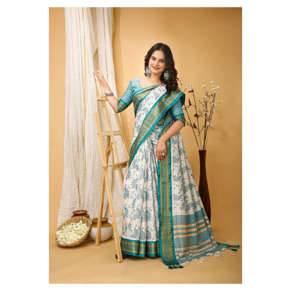 Snuggle Spot Women's Soft Cotton Silk Printed Saree With Unstitched Blouse 5.5Mtr (Turquoise)