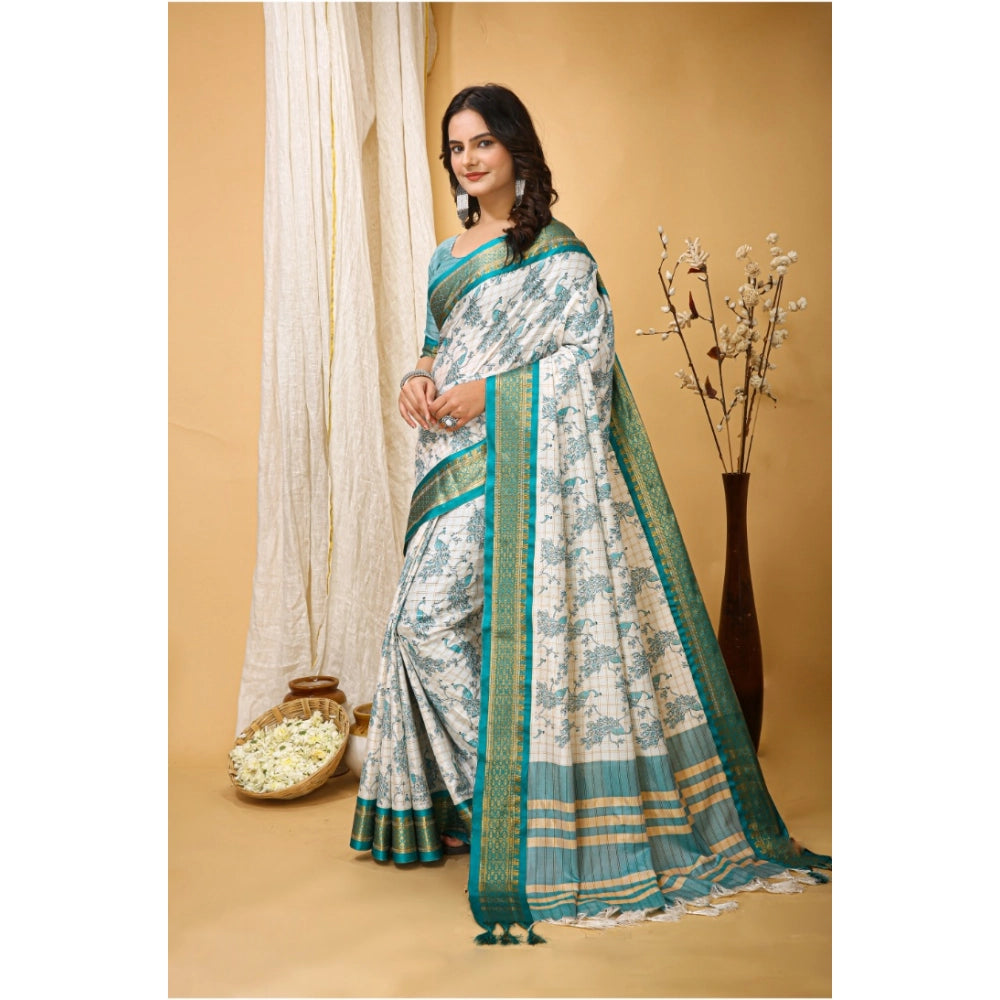 Snuggle Spot Women's Soft Cotton Silk Printed Saree With Unstitched Blouse 5.5Mtr (Turquoise)