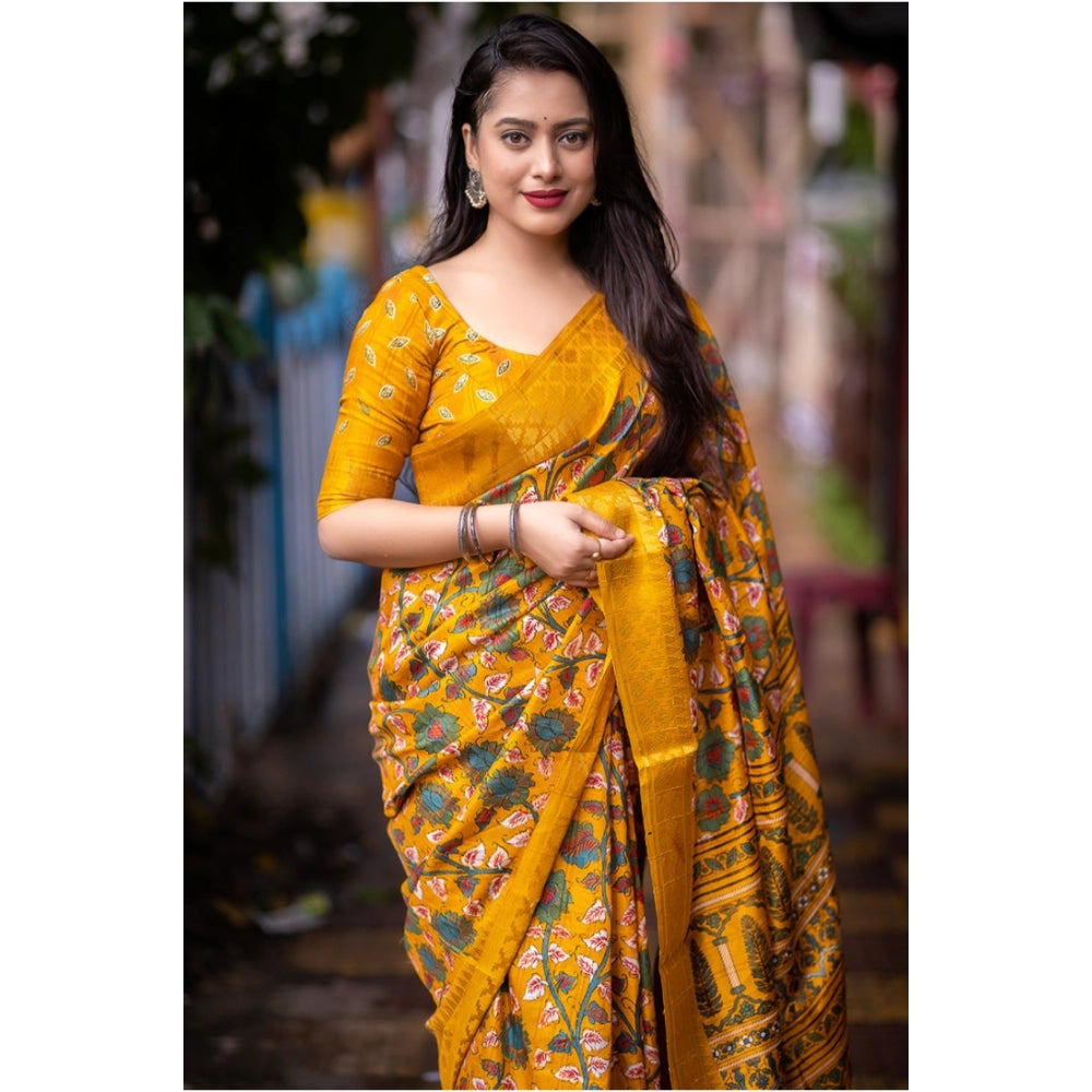 Snuggle Spot Women's Soft Dola Cotton Kalamkari Printed Saree With Unstitched Blouse 5.5Mtr (Yellow)