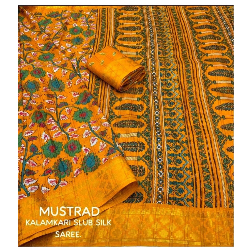 Snuggle Spot Women's Soft Dola Cotton Kalamkari Printed Saree With Unstitched Blouse 5.5Mtr (Yellow)