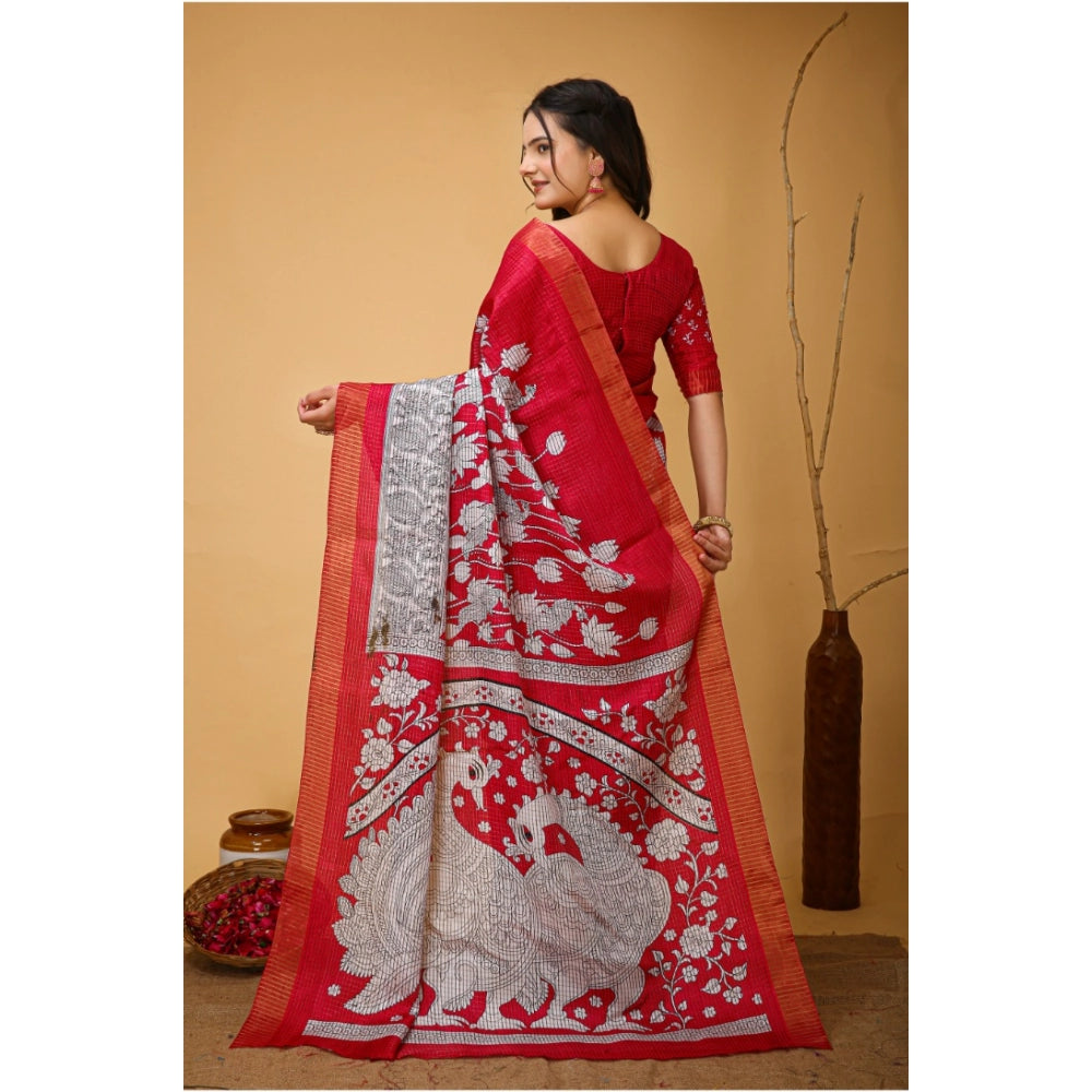 Snuggle Spot Women's Soft Handloom Cotton Kalamkari Printed Saree With Unstitched Blouse 5.5Mtr (Pink)
