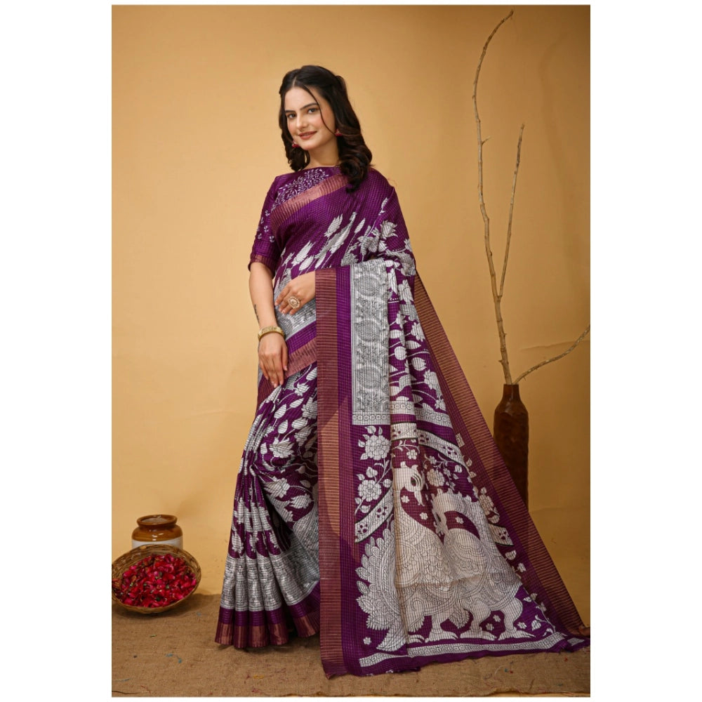 Snuggle Spot Women's Soft Handloom Cotton Kalamkari Printed Saree With Unstitched Blouse 5.5Mtr (Purple)