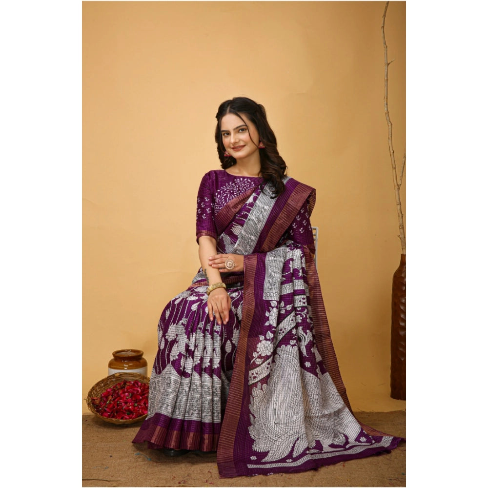 Snuggle Spot Women's Soft Handloom Cotton Kalamkari Printed Saree With Unstitched Blouse 5.5Mtr (Purple)