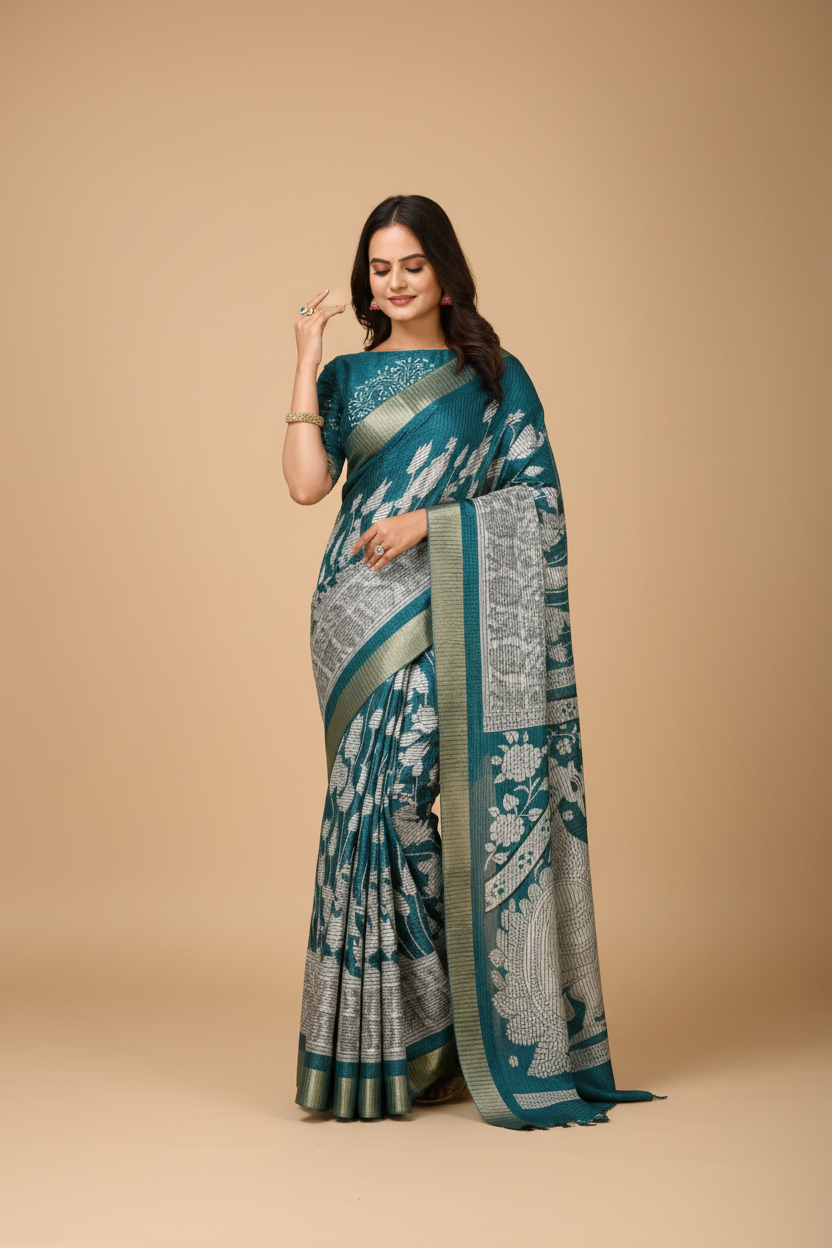 Snuggle Spot Women's Soft Handloom Cotton Kalamkari Printed Saree With Unstitched Blouse 5.5Mtr (Turquoise)