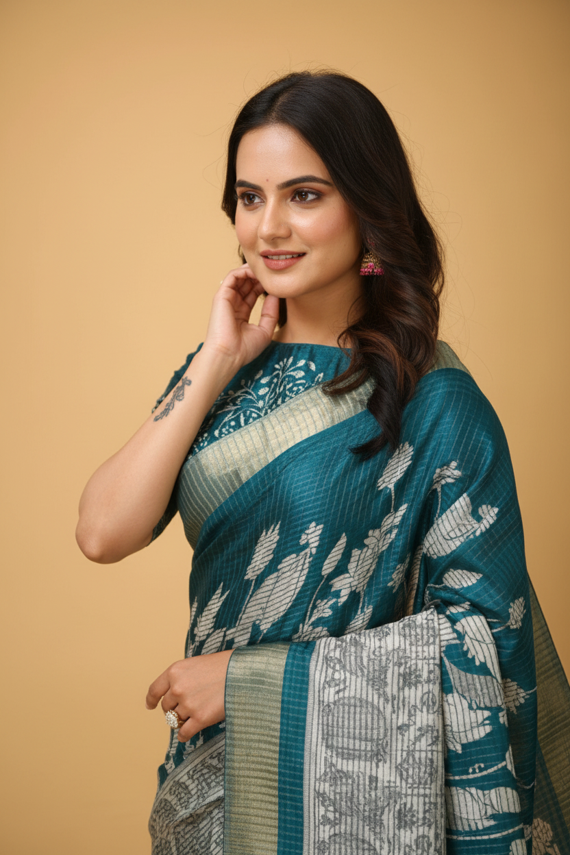 Snuggle Spot Women's Soft Handloom Cotton Kalamkari Printed Saree With Unstitched Blouse 5.5Mtr (Turquoise)