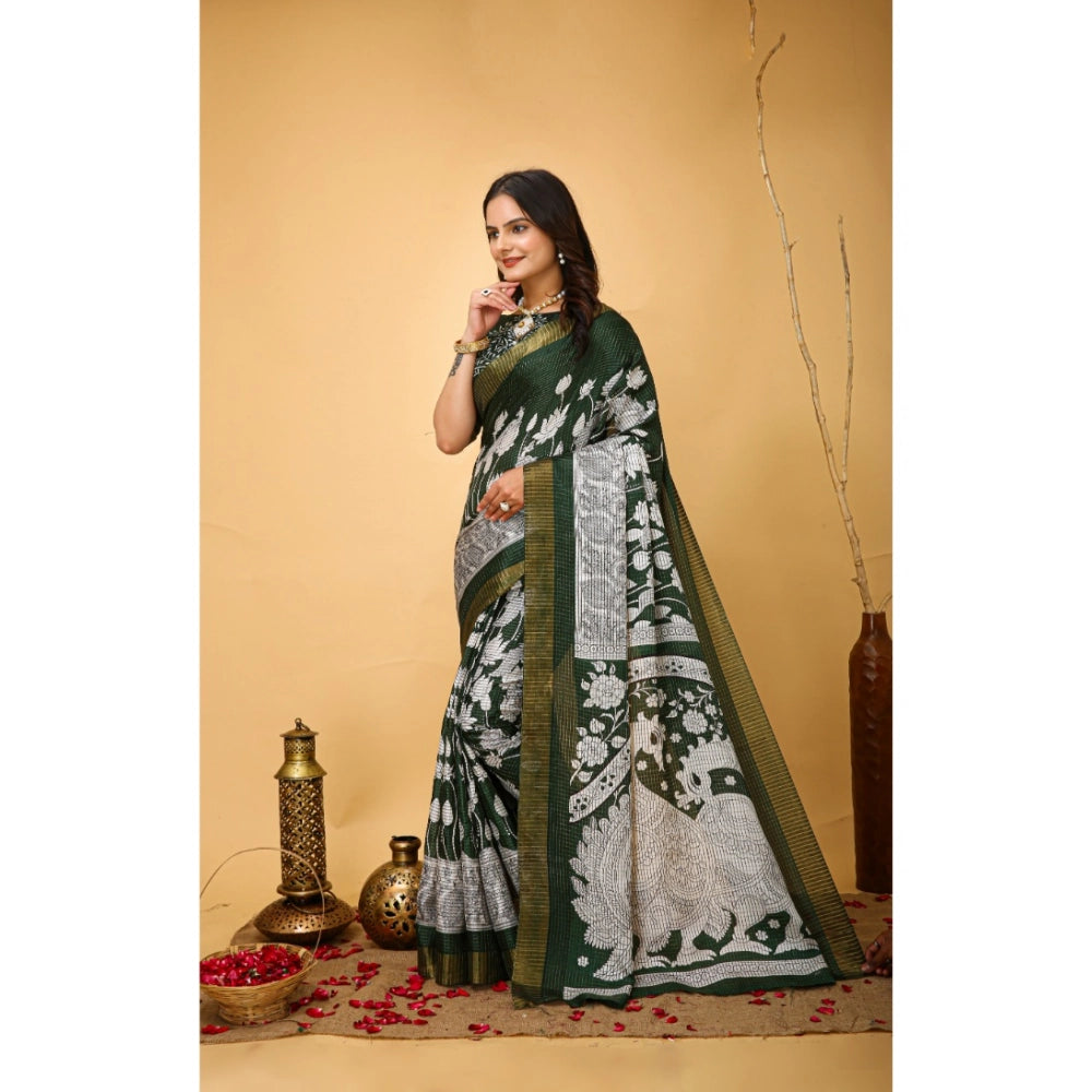 Snuggle Spot Women's Soft Handloom Cotton Kalamkari Printed Saree With Unstitched Blouse 5.5Mtr (Green)