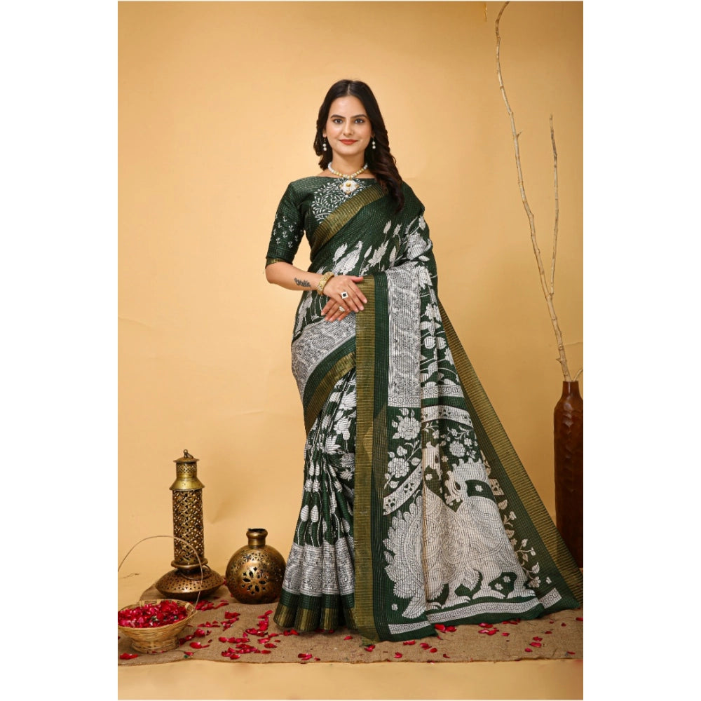 Snuggle Spot Women's Soft Handloom Cotton Kalamkari Printed Saree With Unstitched Blouse 5.5Mtr (Green)