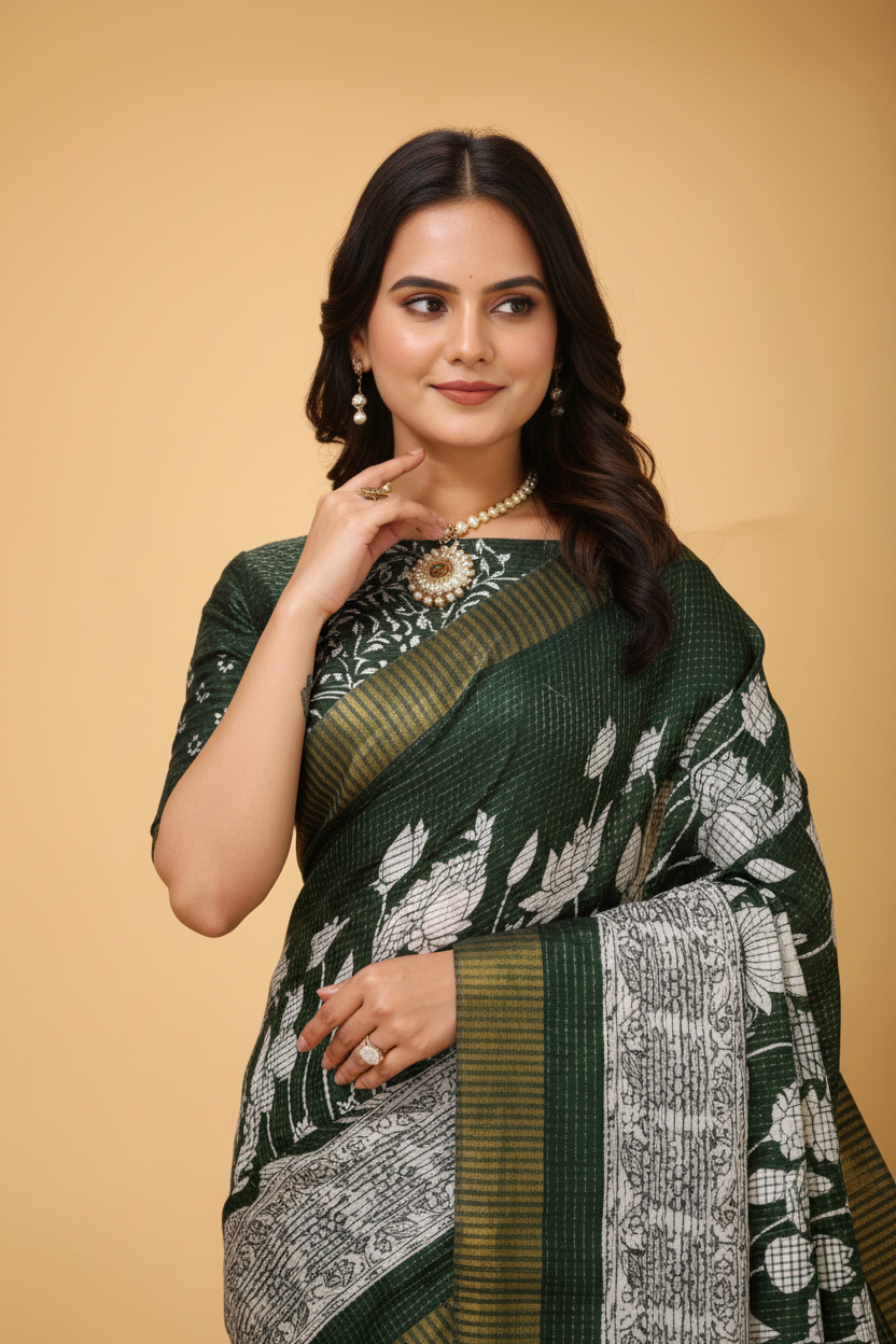 Snuggle Spot Women's Soft Handloom Cotton Kalamkari Printed Saree With Unstitched Blouse 5.5Mtr (Green)