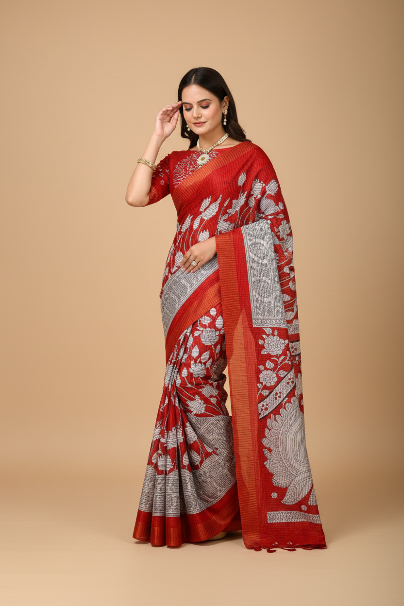 Snuggle Spot Women's Soft Handloom Cotton Kalamkari Printed Saree With Unstitched Blouse 5.5Mtr (Red)