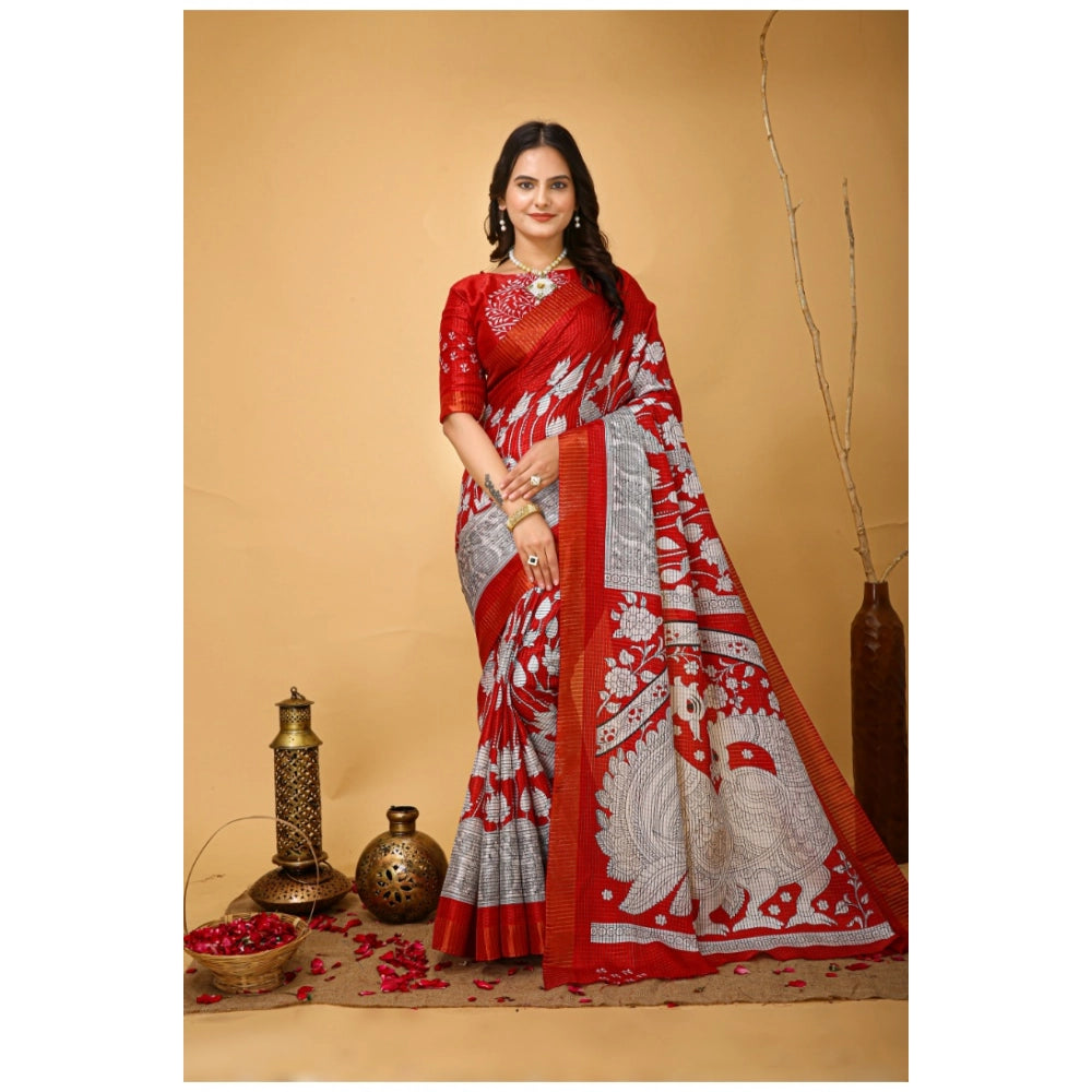 Snuggle Spot Women's Soft Handloom Cotton Kalamkari Printed Saree With Unstitched Blouse 5.5Mtr (Red)
