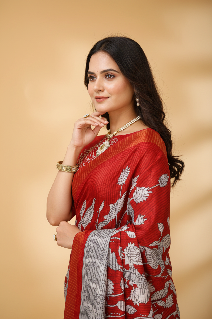 Snuggle Spot Women's Soft Handloom Cotton Kalamkari Printed Saree With Unstitched Blouse 5.5Mtr (Red)