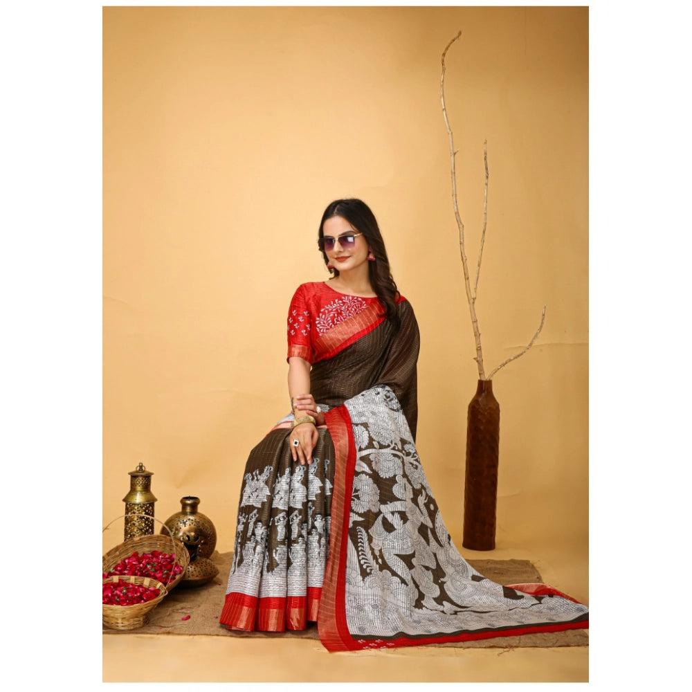 Snuggle Spot Women's Soft Handloom Cotton Kalamkari Printed Saree With Unstitched Blouse 5.5Mtr (Brown)