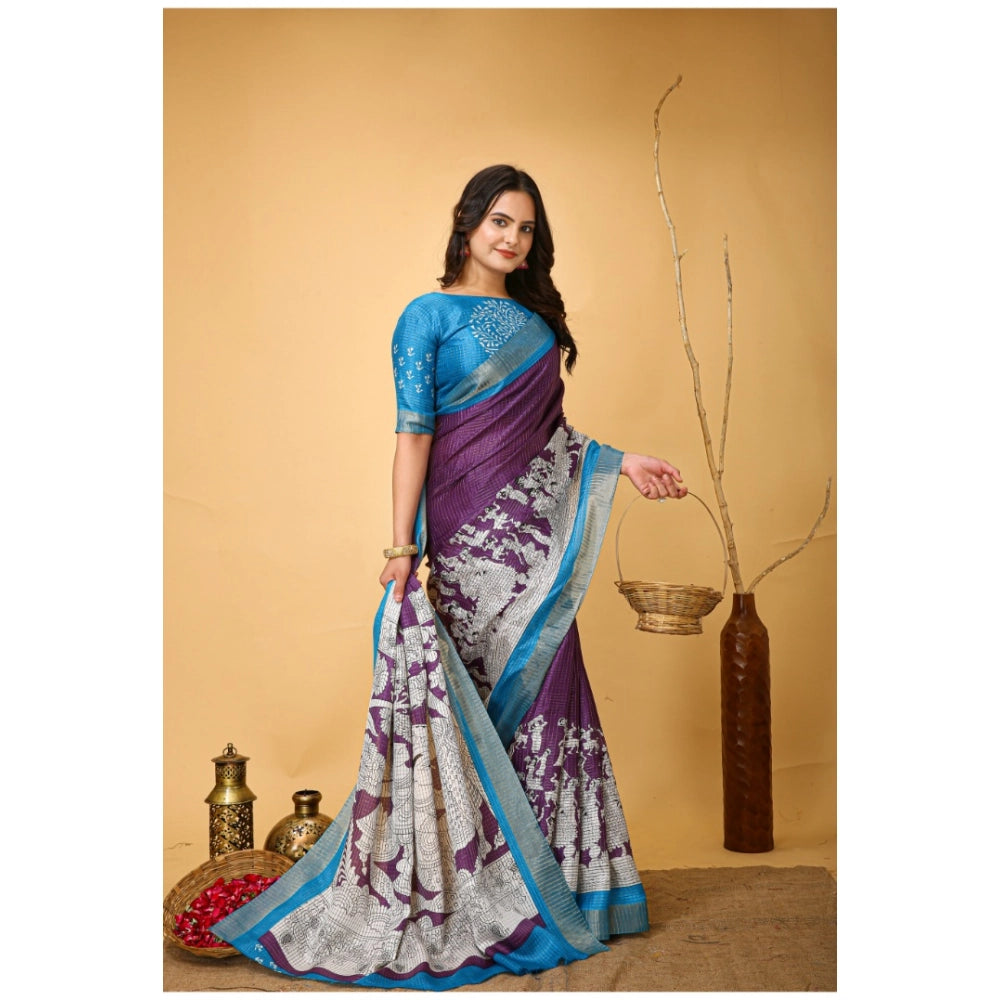 Snuggle Spot Women's Soft Handloom Cotton Kalamkari Printed Saree With Unstitched Blouse 5.5Mtr (Purple)