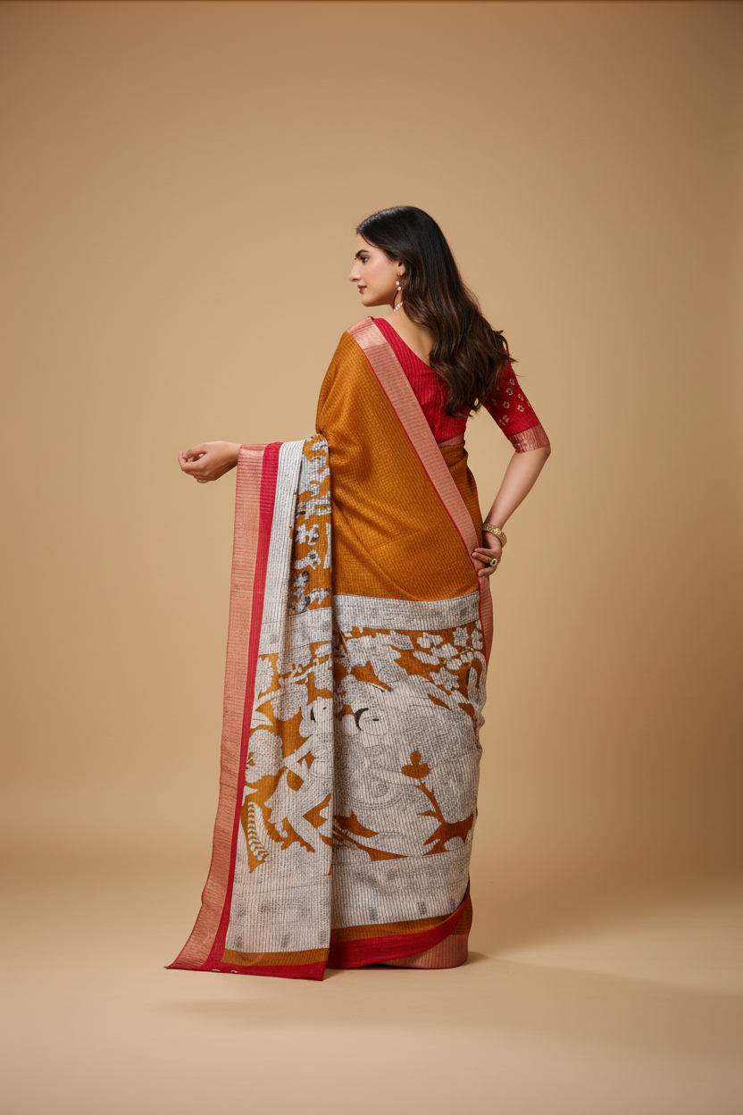 Snuggle Spot Women's Soft Handloom Cotton Kalamkari Printed Saree With Unstitched Blouse 5.5Mtr (Mustard)