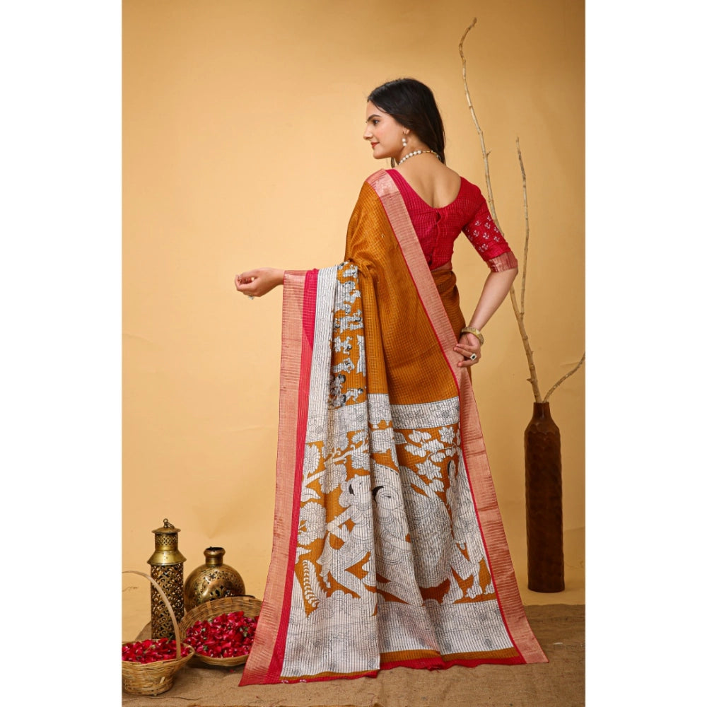Snuggle Spot Women's Soft Handloom Cotton Kalamkari Printed Saree With Unstitched Blouse 5.5Mtr (Mustard)