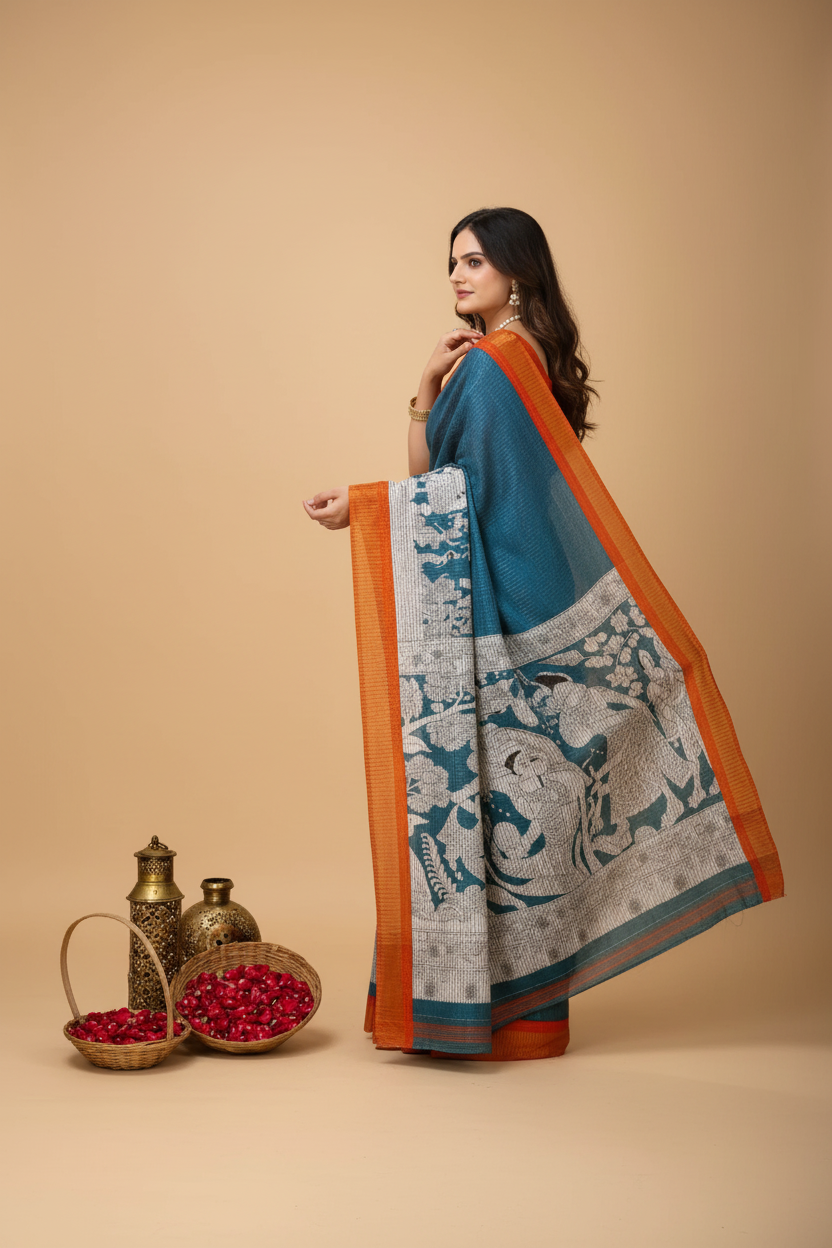 Snuggle Spot Women's Soft Handloom Cotton Kalamkari Printed Saree With Unstitched Blouse 5.5Mtr (Teal Blue)