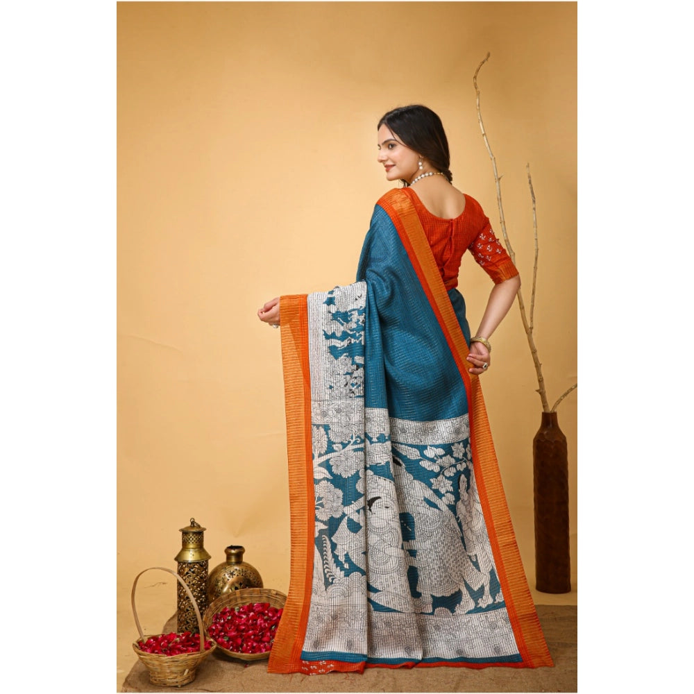 Snuggle Spot Women's Soft Handloom Cotton Kalamkari Printed Saree With Unstitched Blouse 5.5Mtr (Teal Blue)