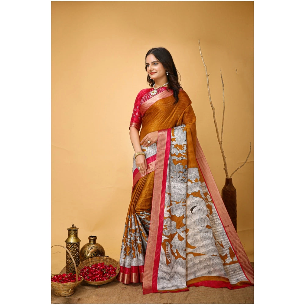 Snuggle Spot Women's Soft Handloom Cotton Kalamkari Printed Saree With Unstitched Blouse 5.5Mtr (Mustard)