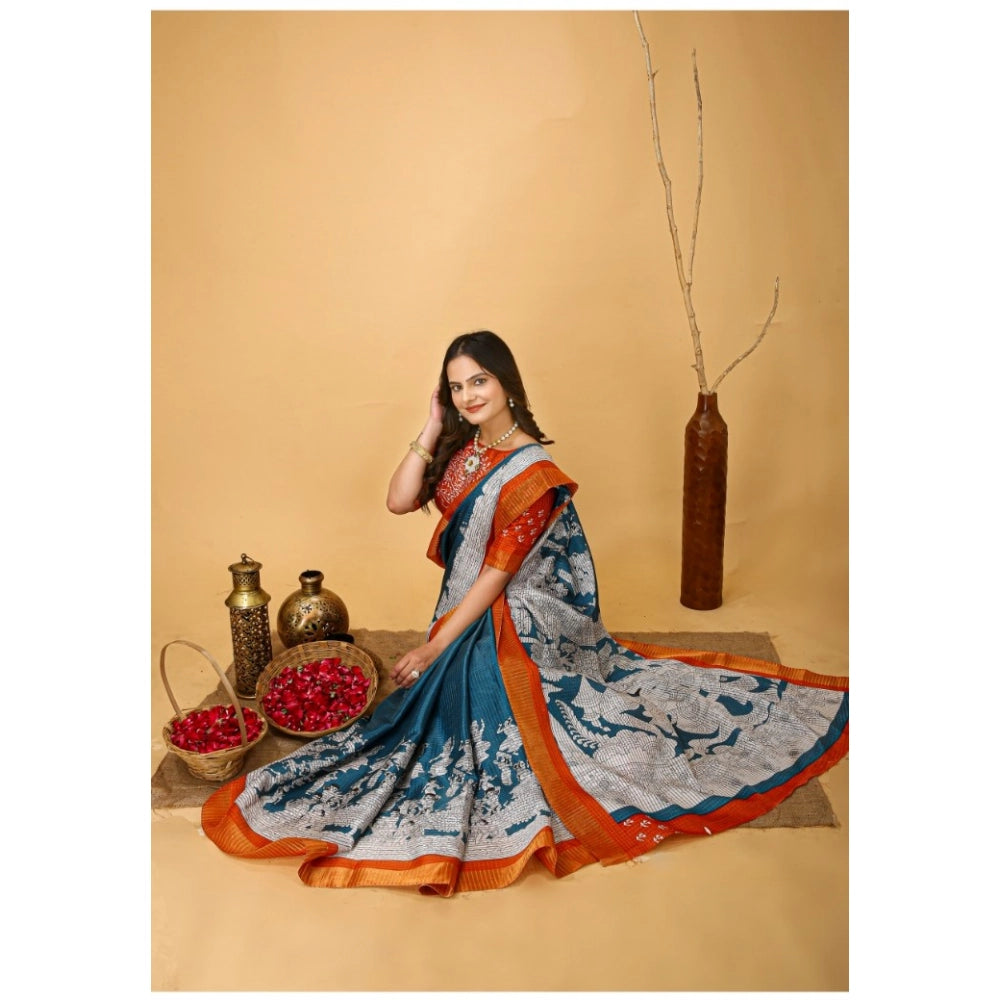 Snuggle Spot Women's Soft Handloom Cotton Kalamkari Printed Saree With Unstitched Blouse 5.5Mtr (Teal Blue)