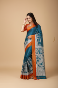 Snuggle Spot Women's Soft Handloom Cotton Kalamkari Printed Saree With Unstitched Blouse 5.5Mtr (Teal Blue)
