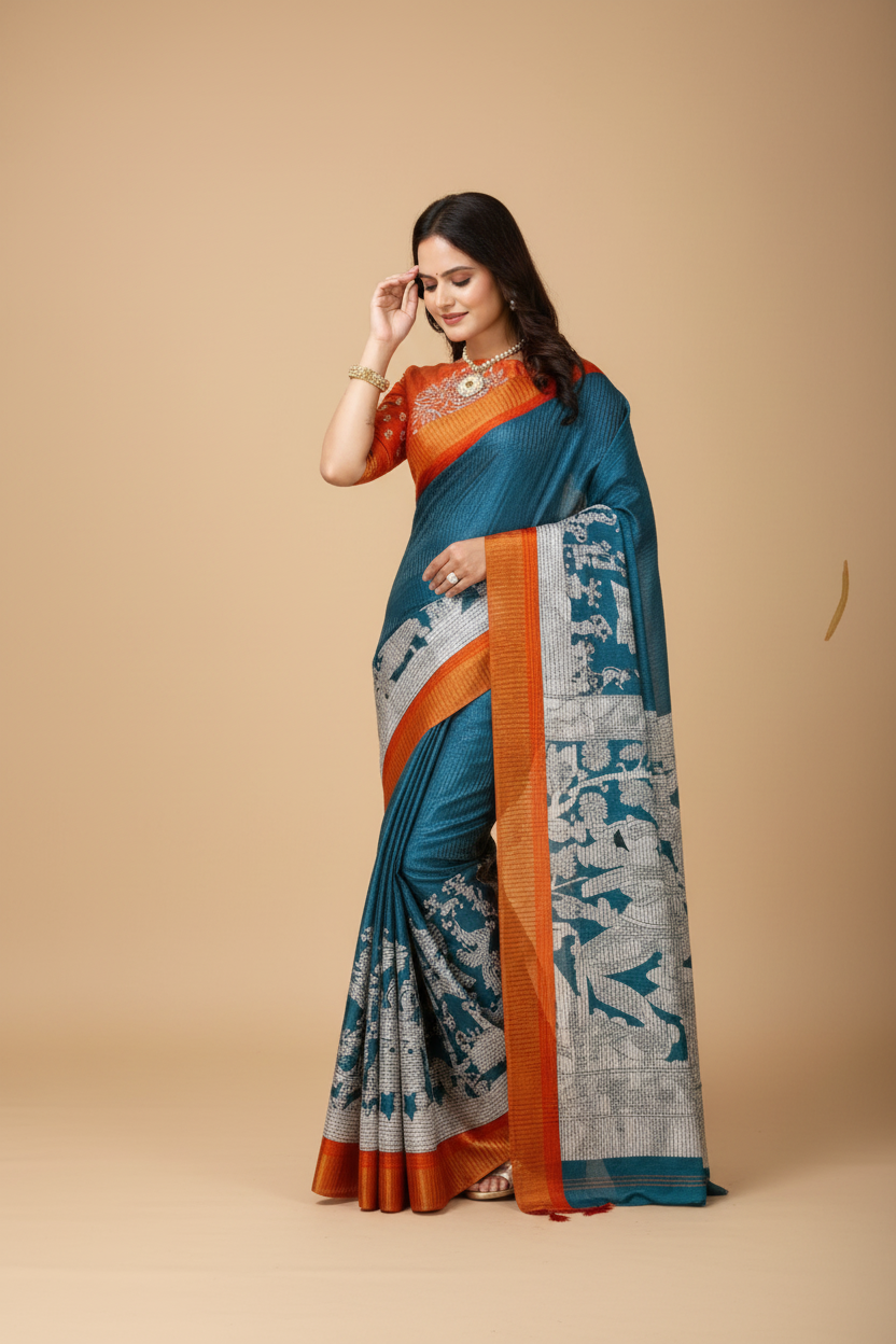 Snuggle Spot Women's Soft Handloom Cotton Kalamkari Printed Saree With Unstitched Blouse 5.5Mtr (Teal Blue)