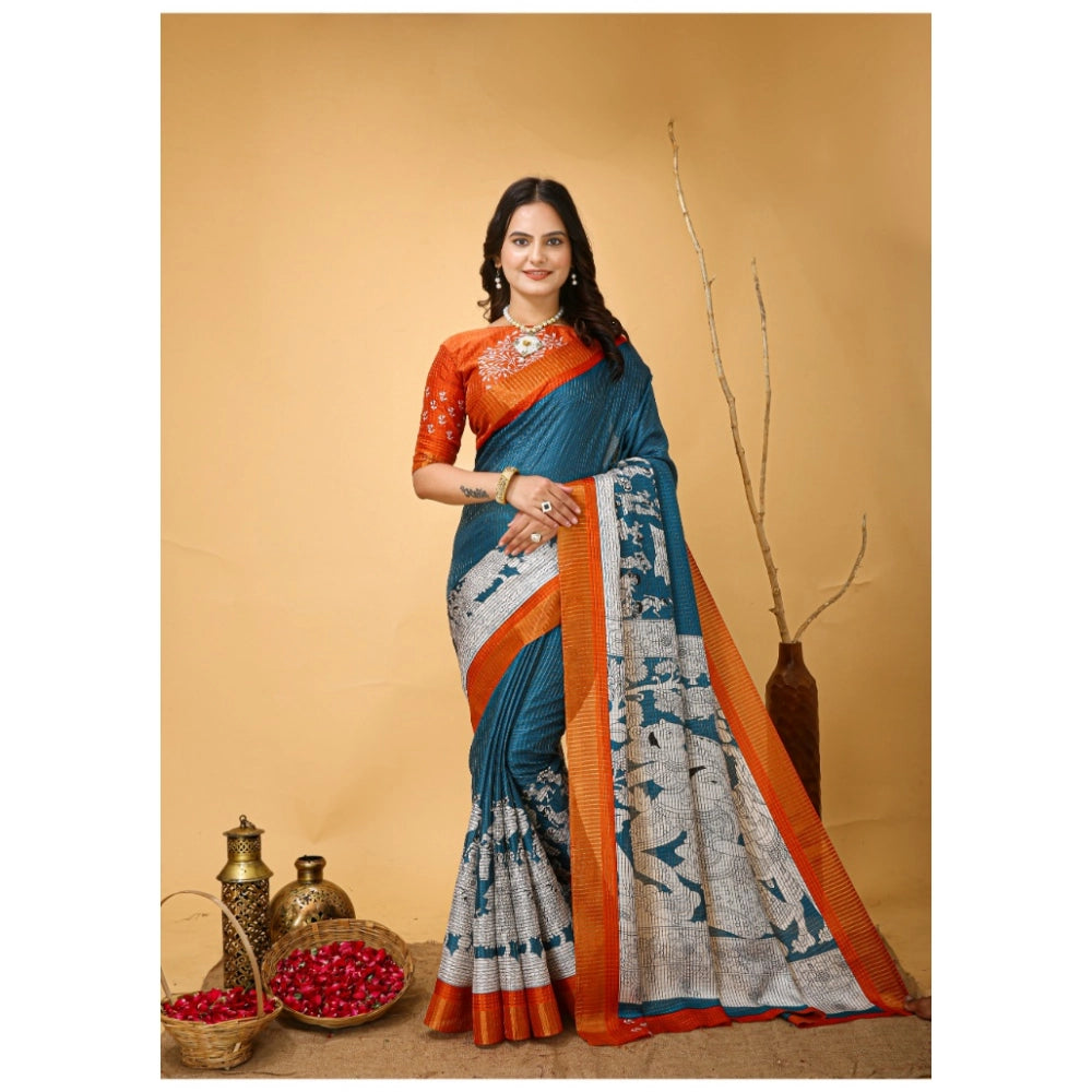 Snuggle Spot Women's Soft Handloom Cotton Kalamkari Printed Saree With Unstitched Blouse 5.5Mtr (Teal Blue)