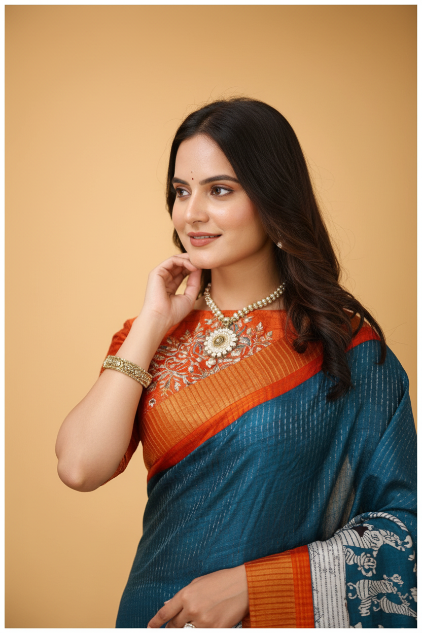 Snuggle Spot Women's Soft Handloom Cotton Kalamkari Printed Saree With Unstitched Blouse 5.5Mtr (Teal Blue)