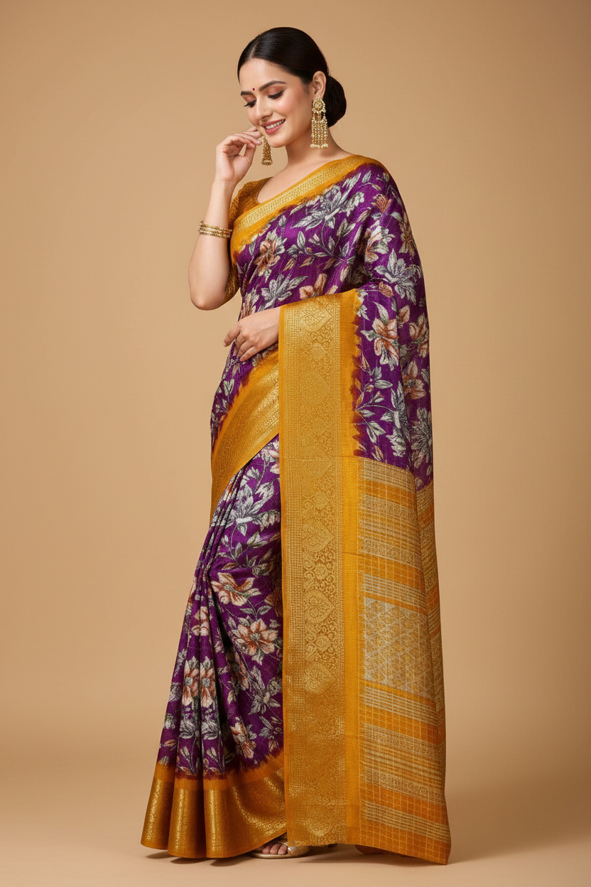 Snuggle Spot Women's Soft Dola Cotton Kalamkari Printed Saree With Unstitched Blouse 5.5Mtr (Purple)