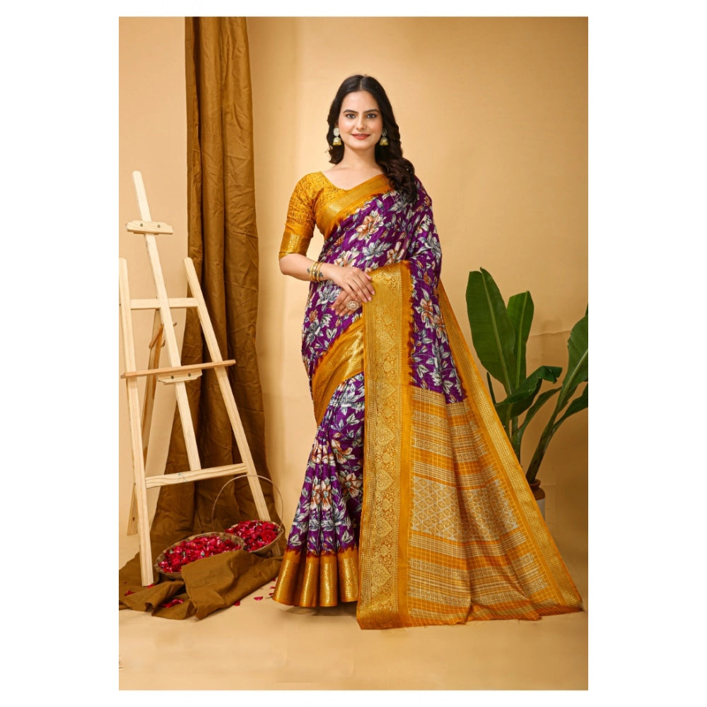 Snuggle Spot Women's Soft Dola Cotton Kalamkari Printed Saree With Unstitched Blouse 5.5Mtr (Purple)