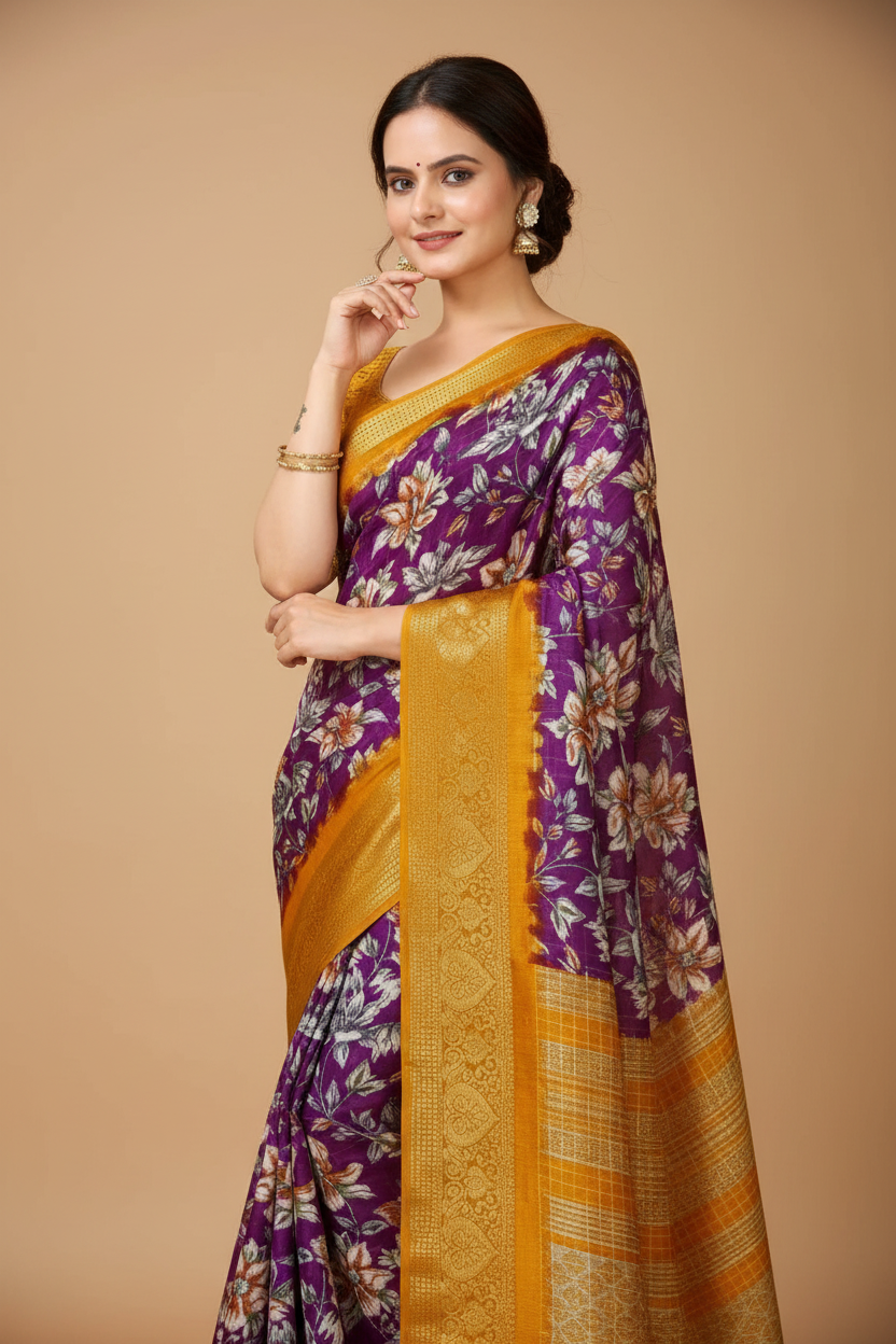 Snuggle Spot Women's Soft Dola Cotton Kalamkari Printed Saree With Unstitched Blouse 5.5Mtr (Purple)