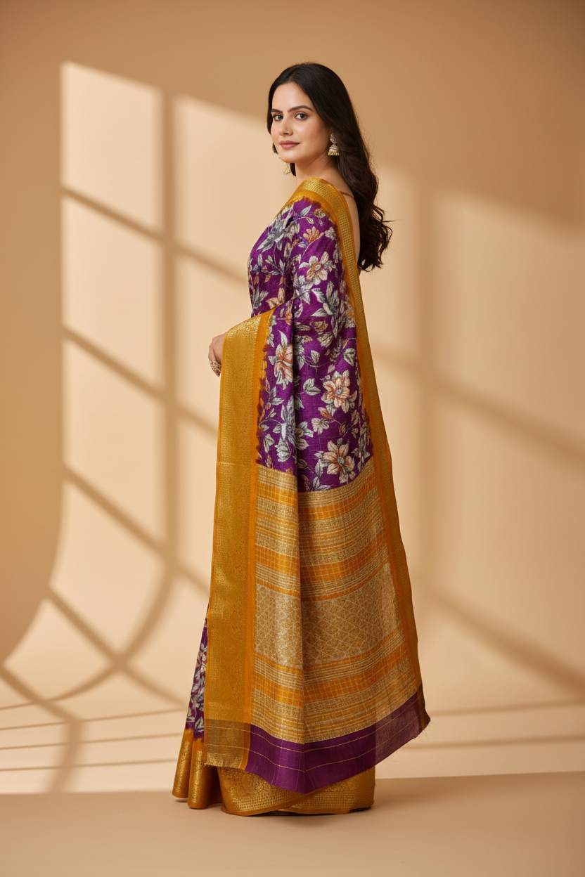 Snuggle Spot Women's Soft Dola Cotton Kalamkari Printed Saree With Unstitched Blouse 5.5Mtr (Purple)
