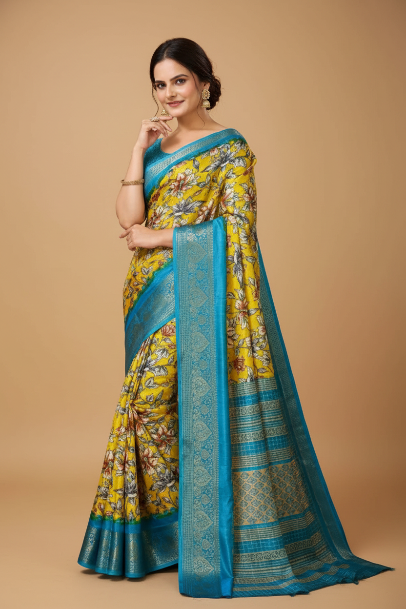 Snuggle Spot Women's Soft Dola Cotton Kalamkari Printed Saree With Unstitched Blouse 5.5Mtr (Yellow)