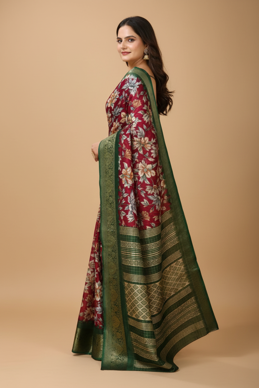Snuggle Spot Women's Soft Dola Cotton Kalamkari Printed Saree With Unstitched Blouse 5.5Mtr (Maroon)