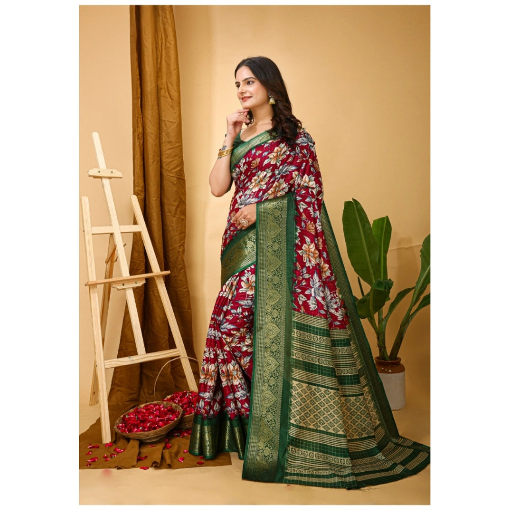 Snuggle Spot Women's Soft Dola Cotton Kalamkari Printed Saree With Unstitched Blouse 5.5Mtr (Maroon)