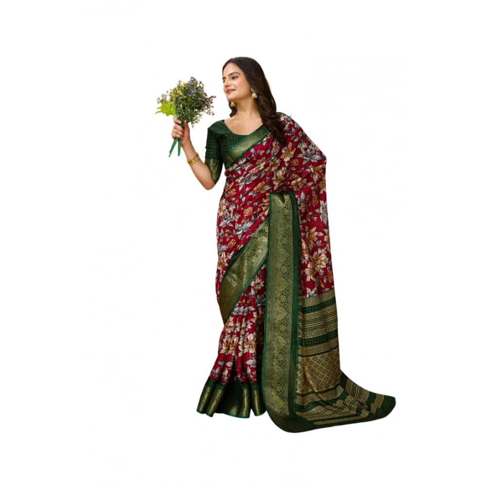 Snuggle Spot Women's Soft Dola Cotton Kalamkari Printed Saree With Unstitched Blouse 5.5Mtr (Maroon)