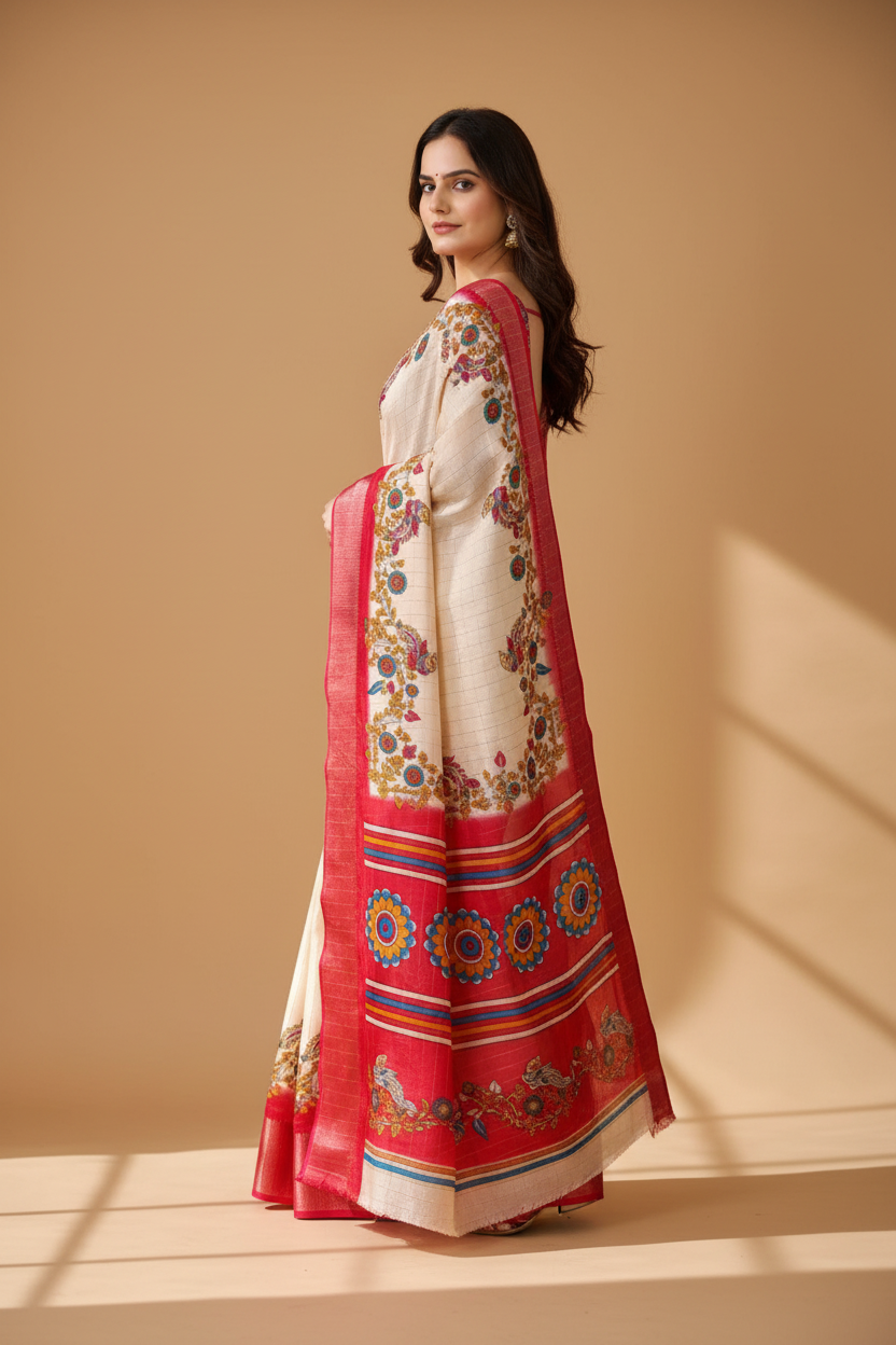 Snuggle Spot Women's Soft Dola Cotton Kalamkari Printed Saree With Unstitched Blouse 5.5Mtr (Red)