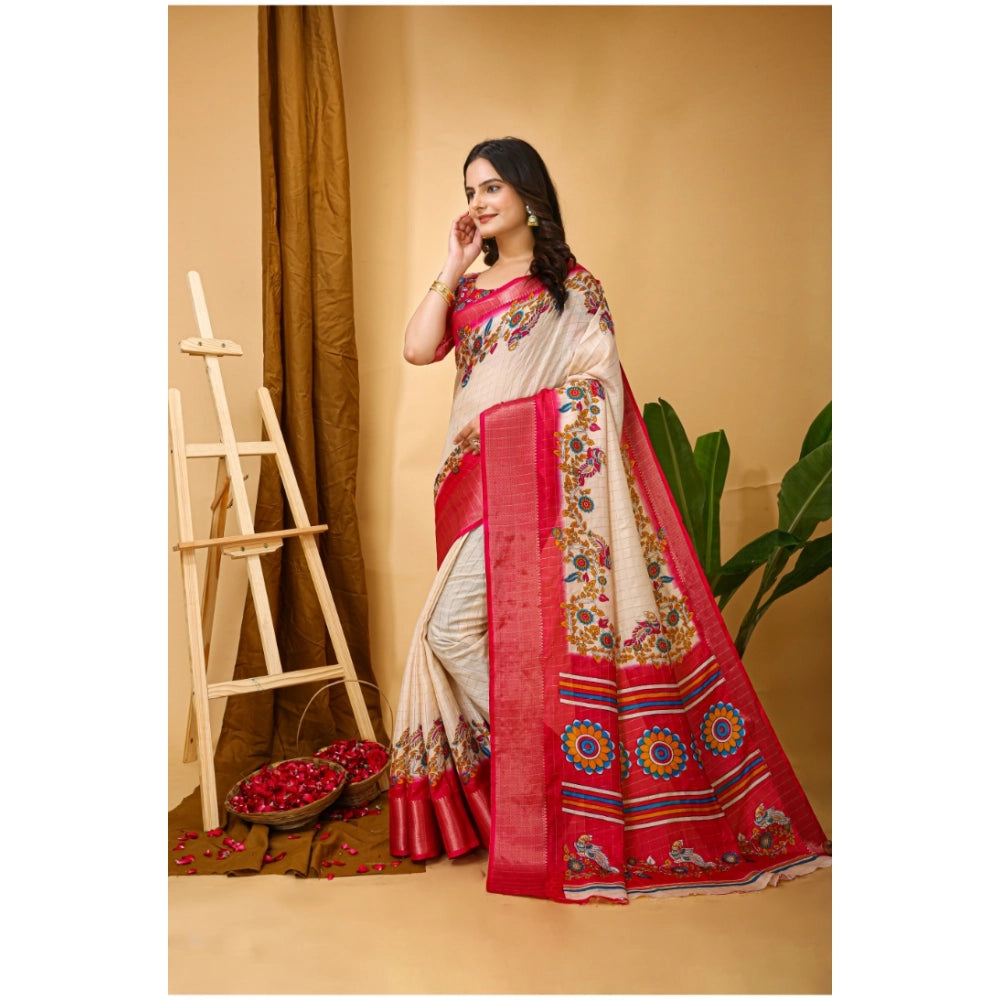 Snuggle Spot Women's Soft Dola Cotton Kalamkari Printed Saree With Unstitched Blouse 5.5Mtr (Red)